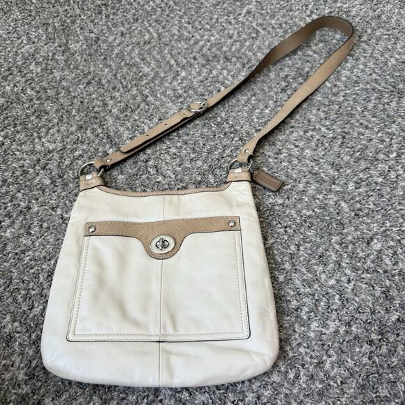 Coach Penelope Cream Leather Brown Snakeskin Trim Crossbody Purse Bag - Picture 1 of 10